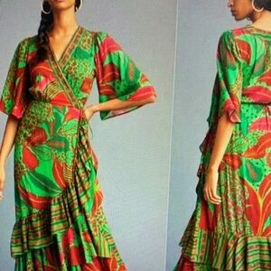 Anthropologie Green and Red Floral Maxi Dress